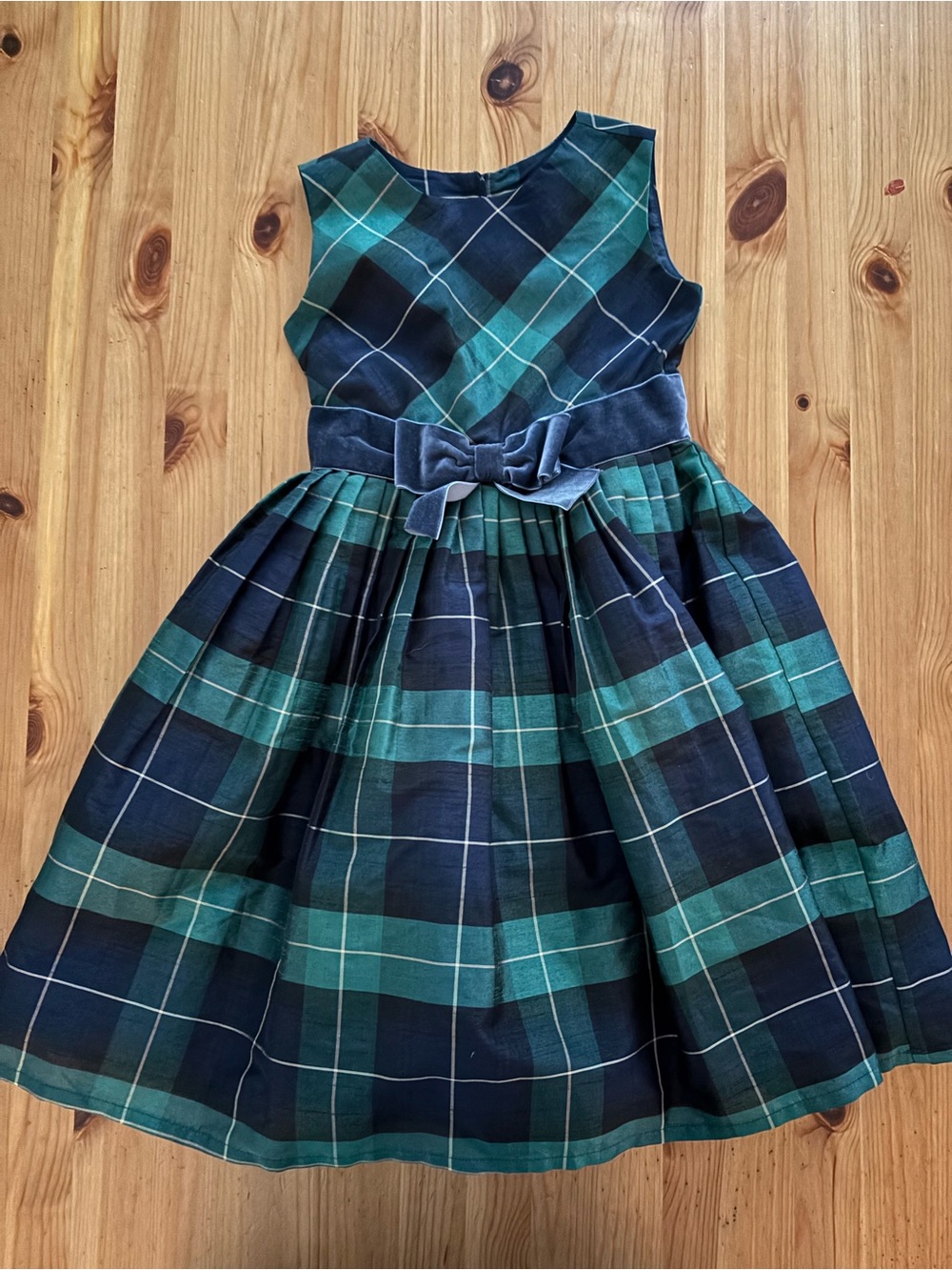 Hope & Henry Girls Green Navy Plaid Party Dress with Blue Velvet Bow Size 6